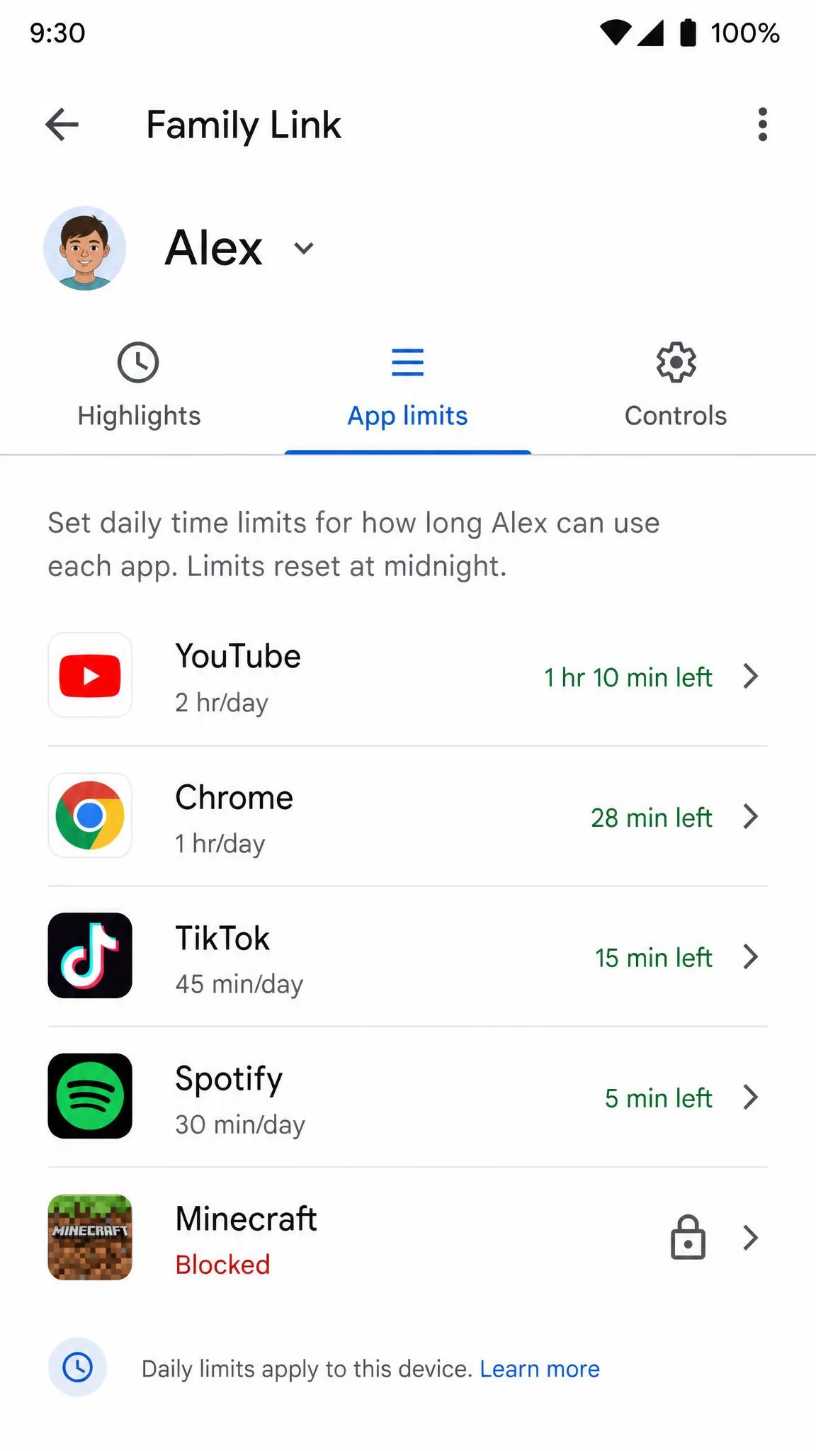 Google Family Link app-limits screen showing a list of installed apps on a child's phone with daily time allowances and a blocked game marked with a lock icon.