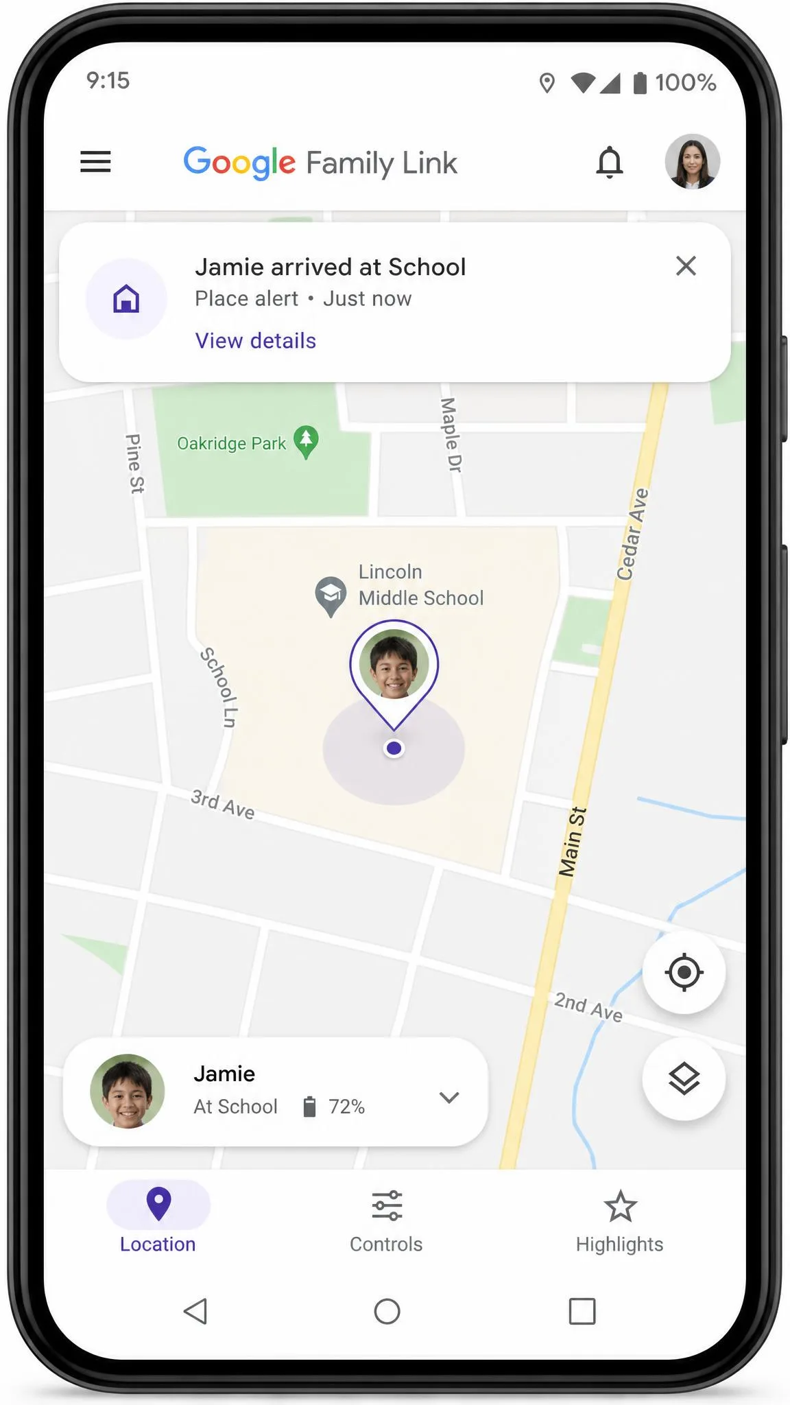Google Family Link map view on a phone showing a child device location pin at a school with a place-alert notification banner for arrival.