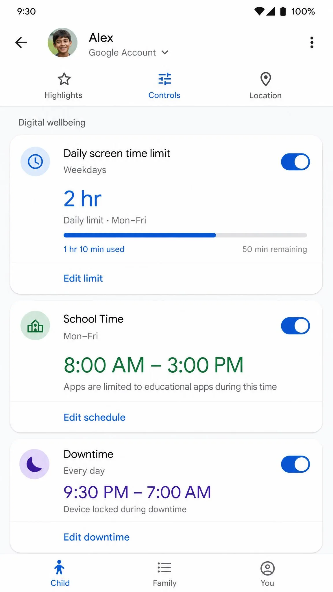 Google Family Link daily screen-time limit screen showing a weekday two-hour cap, a School Time schedule, and a Downtime bedtime cutoff for a child account.
