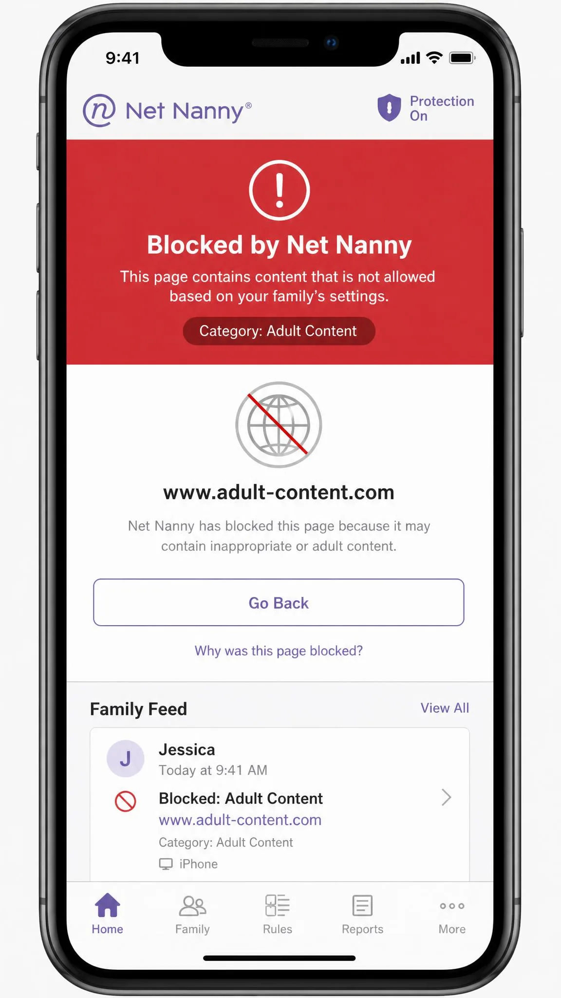 Net Nanny alert screen on a phone showing a blocked adult-content page with a red warning banner and an entry logged in the Family Feed activity report.