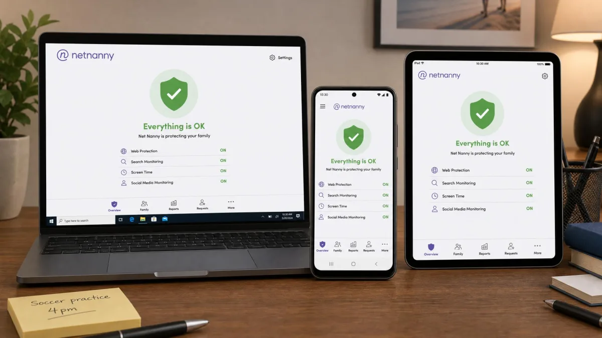 Net Nanny running across a Windows laptop, an Android phone, and an iPad on a desk, each showing the child-protection status screen.