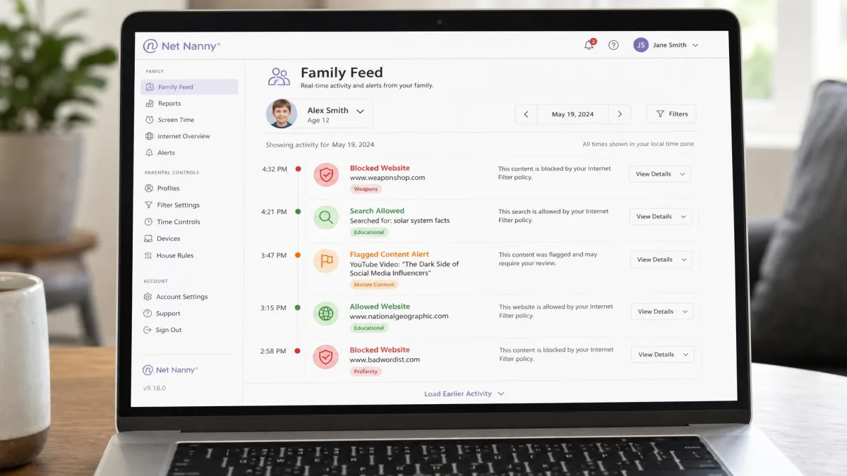 Net Nanny Family Feed dashboard on a laptop showing a chronological activity report with blocked sites, allowed searches, and flagged content alerts for a child profile.