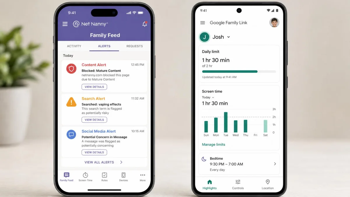Side-by-side view of the Net Nanny Family Feed dashboard and the Google Family Link app on two phones, showing content alerts on one screen and daily screen-time limits on the other.