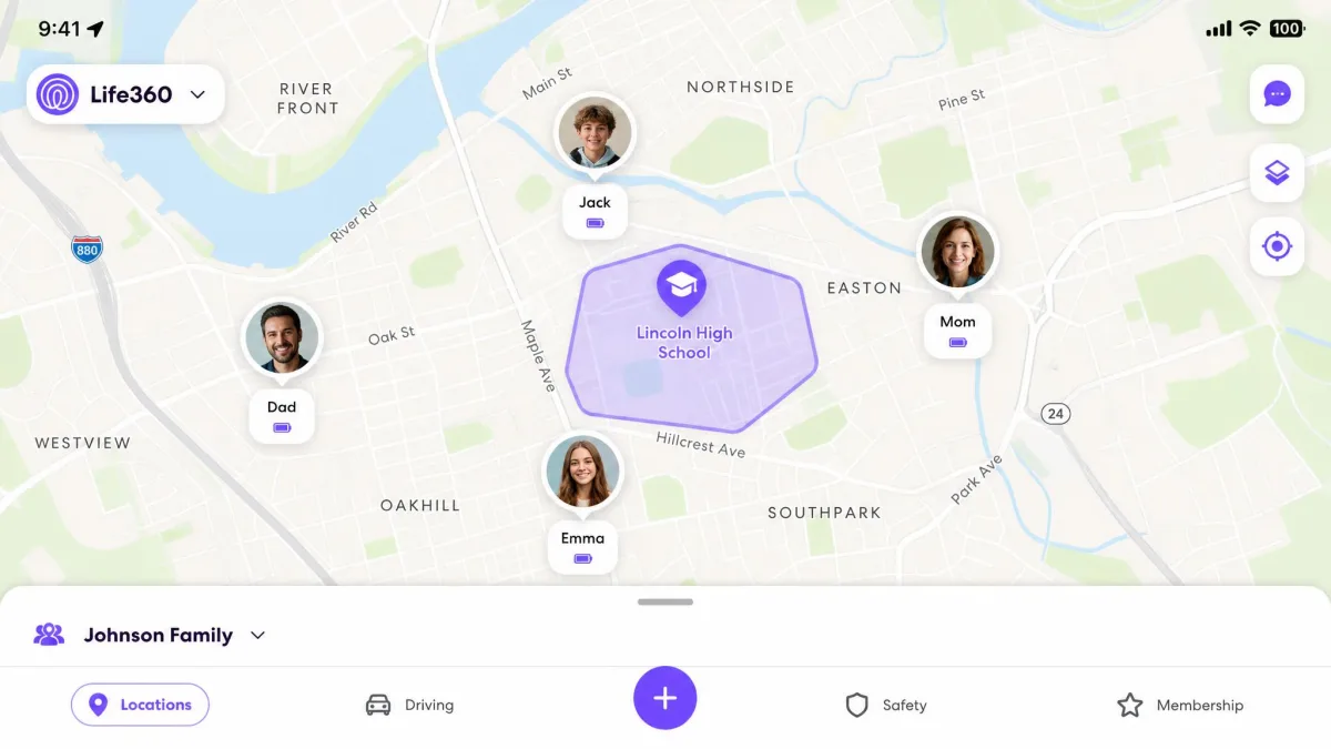 Life360's main map screen showing several family members as avatars across a city map with a geofenced Place highlighted around a school.