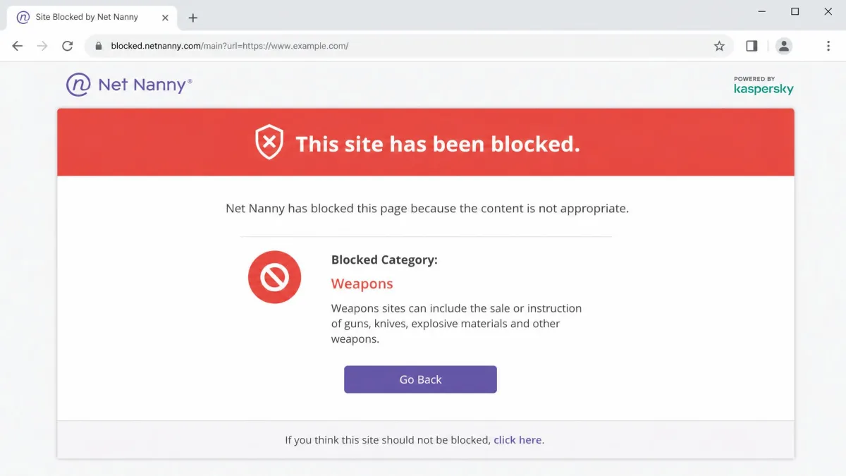 Net Nanny's block screen shown in a browser, displaying a red "site blocked" notice with the content category that triggered the filter.