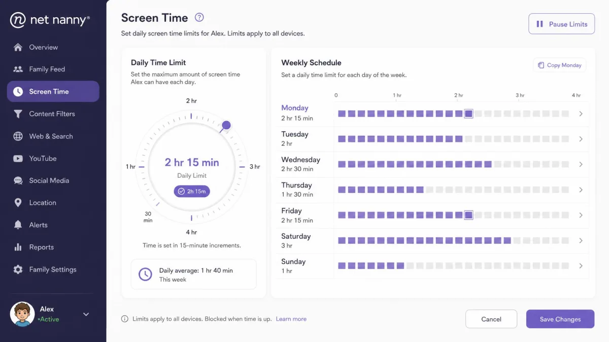 Net Nanny's screen-time scheduling screen showing daily time limits set in 15-minute blocks with a circular dial control for adjusting a child's allowance.
