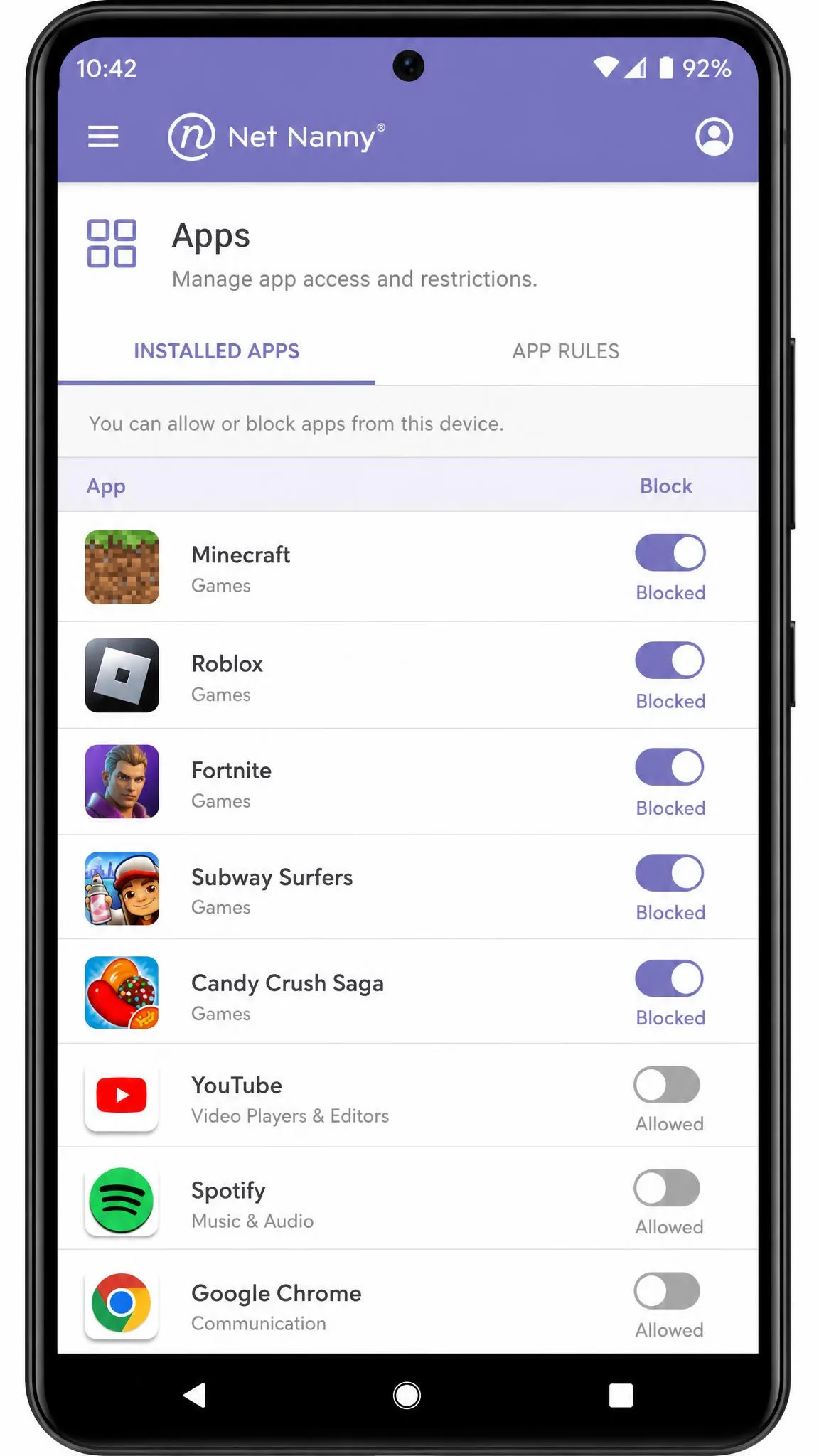 Net Nanny app management screen on an Android phone showing a list of installed apps with block toggles switched on for several games.