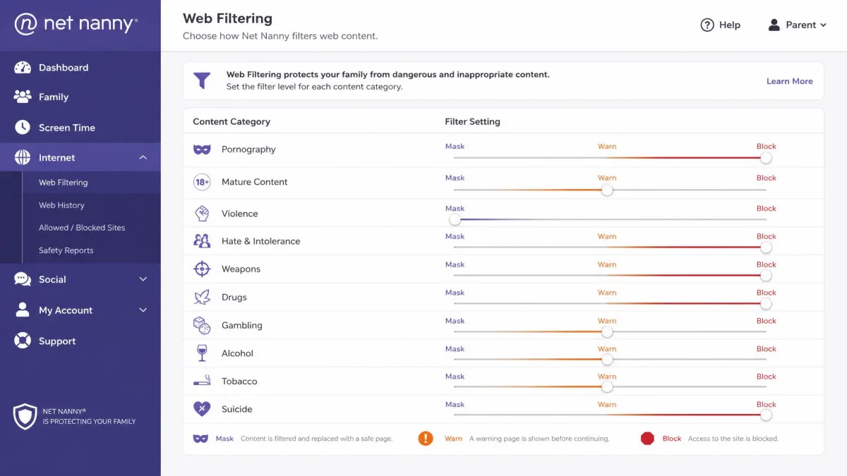 Net Nanny's web filtering settings screen showing content categories set to mask, warn, or block, with a slider next to each category label.