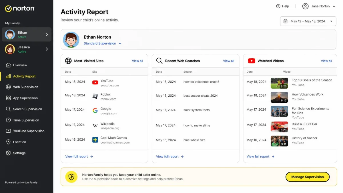Norton Family activity report showing a child's most-visited sites, recent web searches, and watched videos listed by date on a parent's screen.
