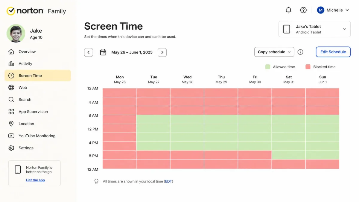 Norton Family's screen time scheduling screen showing a weekly grid with allowed and blocked hours color-coded for a child's tablet.