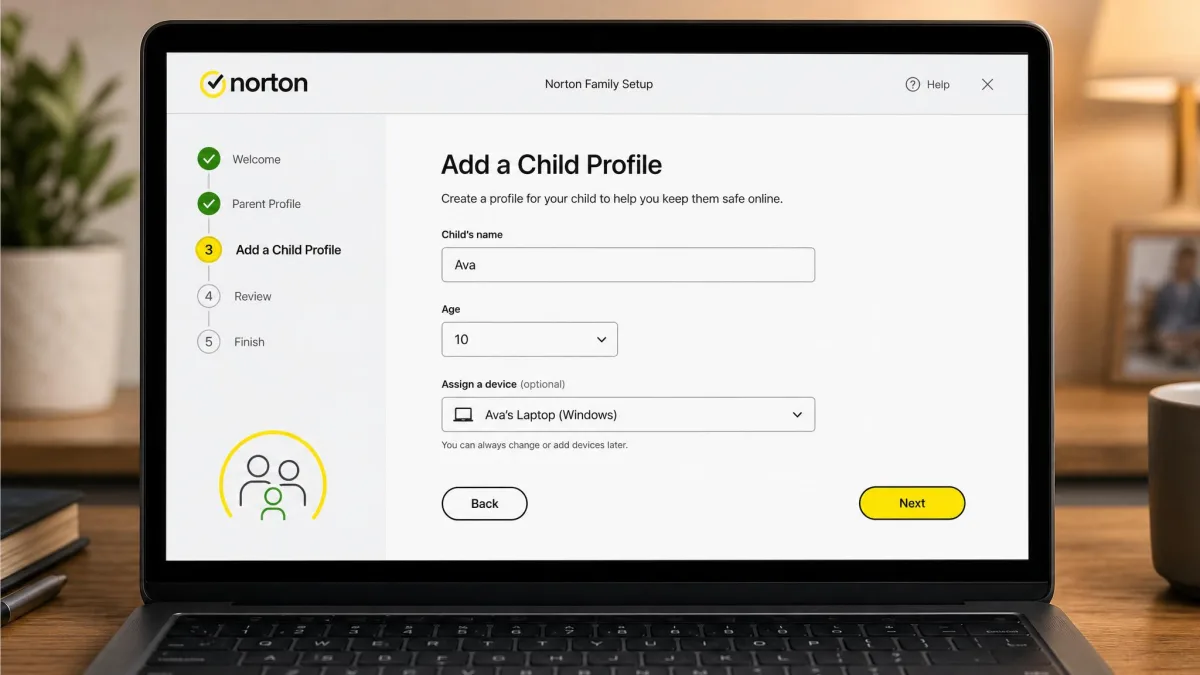 Norton Family setup wizard on a laptop showing the add-a-child-profile step with fields for name, age, and device assignment.