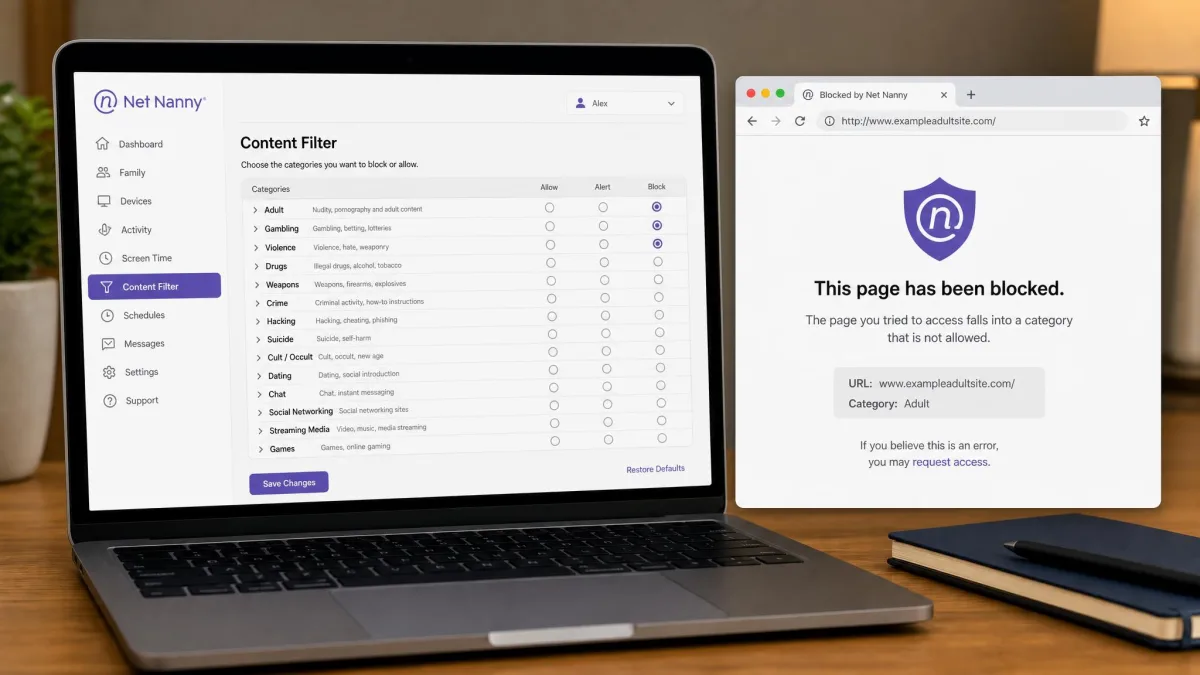 Net Nanny content filter category list on a laptop with adult, gambling, and violence categories toggled on, next to a blocked-page notice shown in a browser window.
