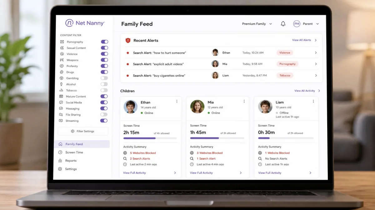 Net Nanny parent dashboard on a laptop showing the family feed with flagged search alerts, per-child activity cards, and the content-filter category toggles down the left side.