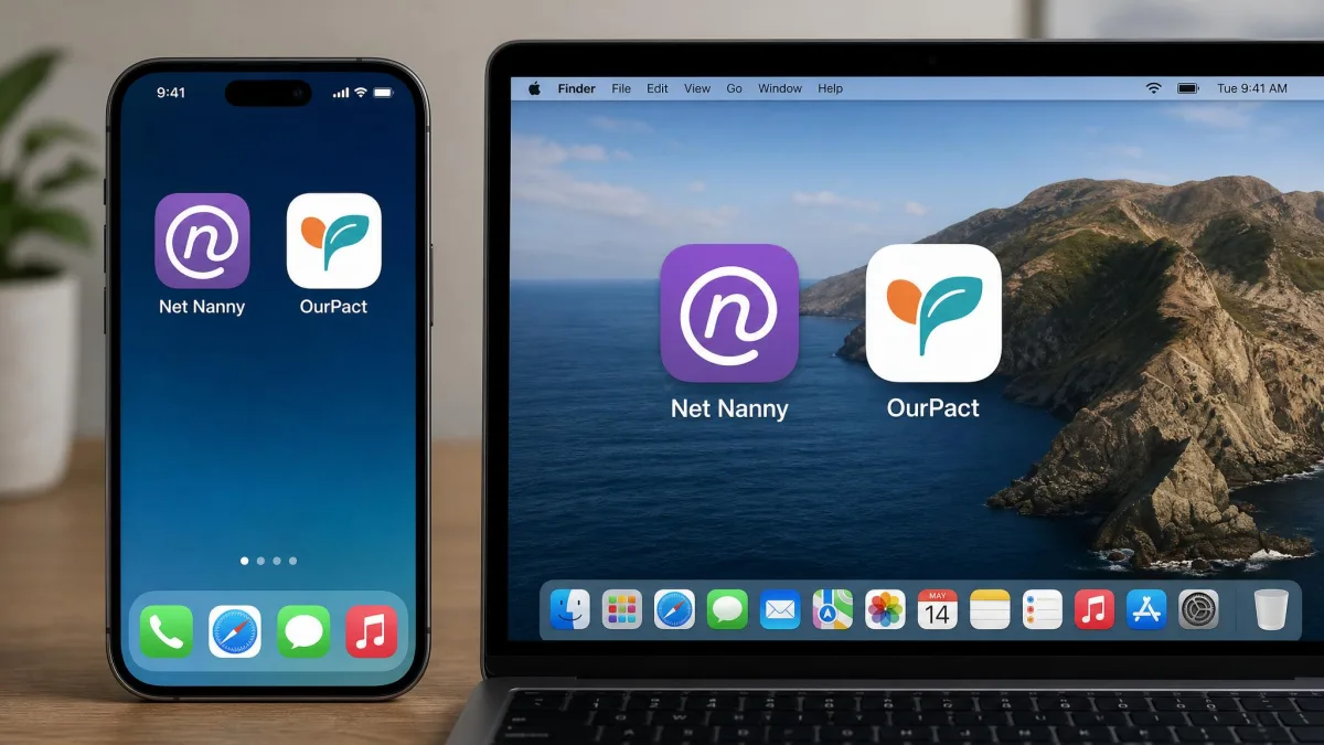 Net Nanny and OurPact app icons shown side by side on a phone home screen and a laptop, illustrating the two parental control apps compared in this guide.