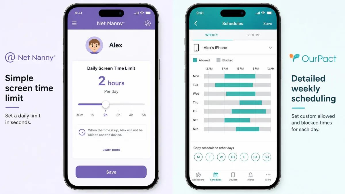 Side-by-side phone screens comparing Net Nanny's simple screen-time limit slider on the left with OurPact's detailed weekly scheduling grid on the right.