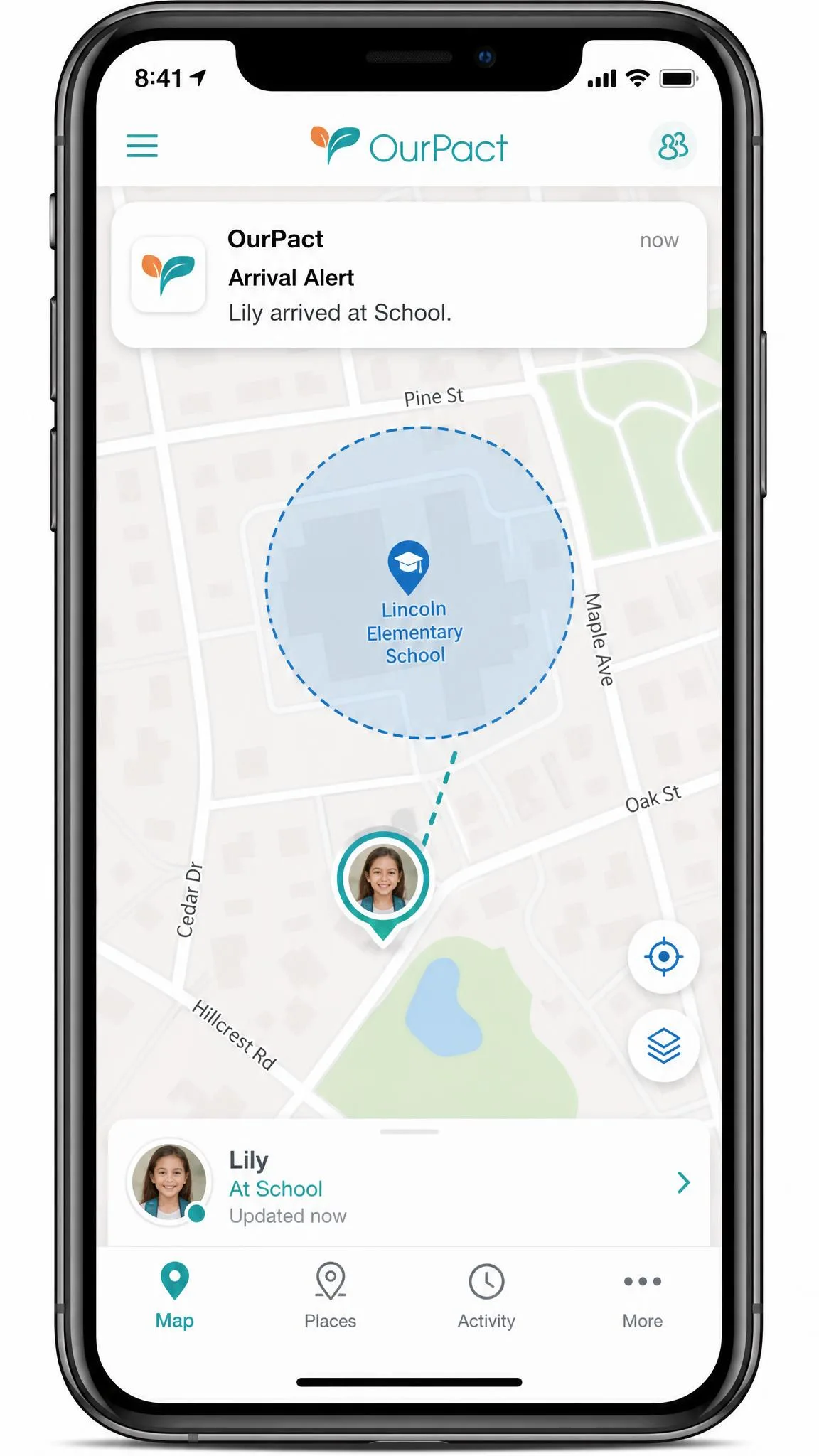OurPact location map on a phone showing a child's current position, a circular geofence around a school, and an arrival-alert notification banner at the top.