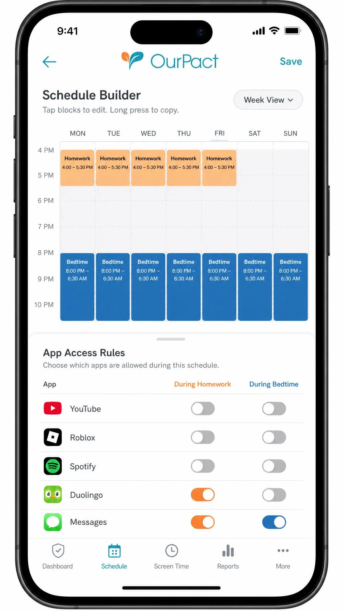 OurPact schedule builder on a phone showing a weekly grid with a bedtime block highlighted in blue and a homework block in orange, plus per-app allow toggles below.