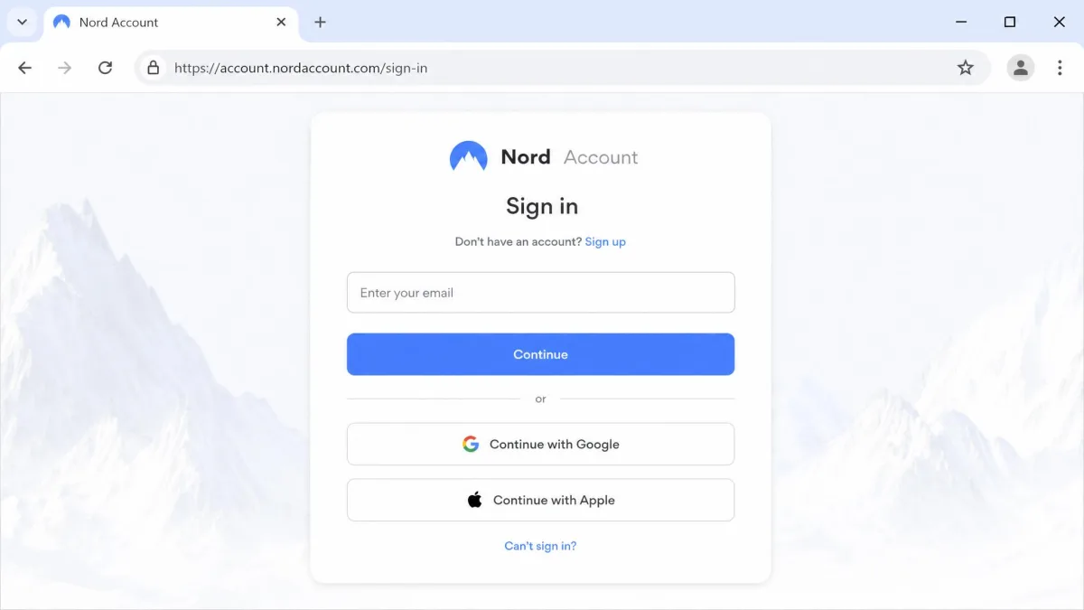 The Nord Account sign-in page open in a web browser, showing the email field, the Continue button and the Google and Apple sign-in options.
