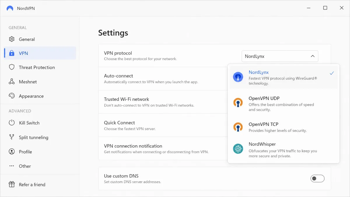 NordVPN's settings screen with the VPN protocol list expanded, showing NordLynx, OpenVPN UDP, OpenVPN TCP and NordWhisper.