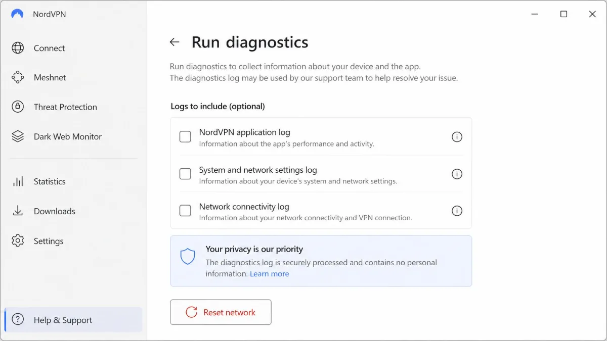 The NordVPN Windows app's Run diagnostics window with the Reset network button below the optional log checkboxes.