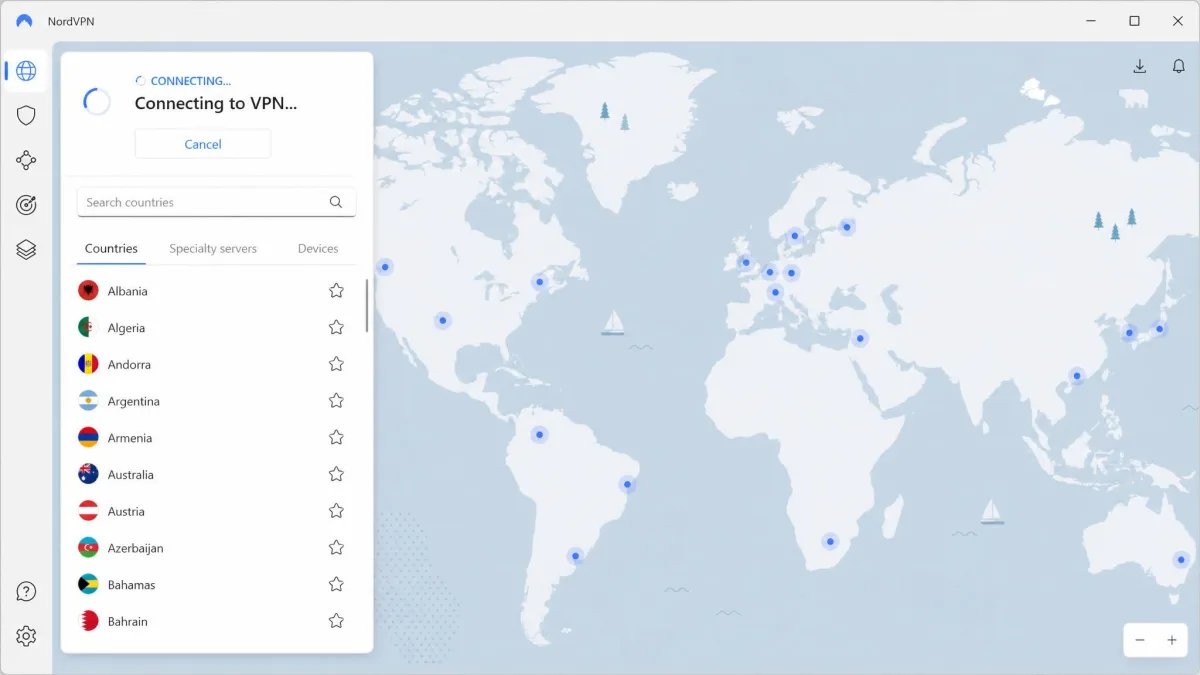 The NordVPN Windows app showing a spinning Connecting status over the world map, with the country list open on the left.