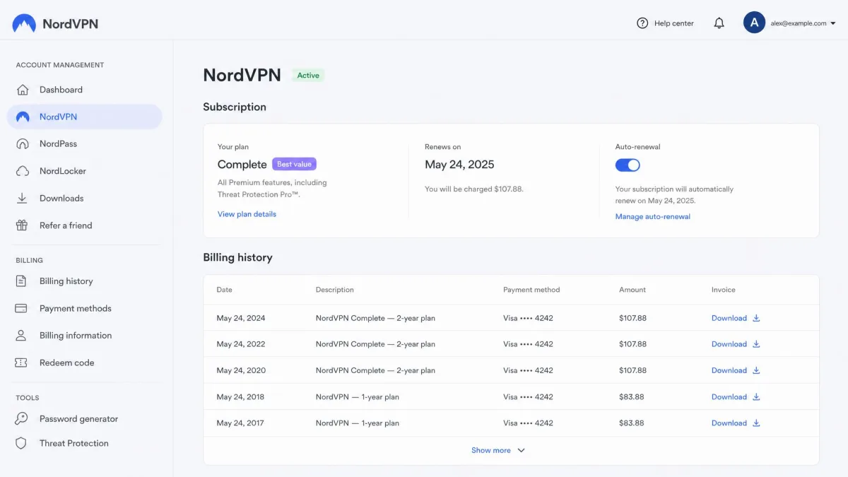 A NordVPN web account dashboard showing the active subscription tier, the renewal date and the auto-renewal toggle, with the billing history list below.