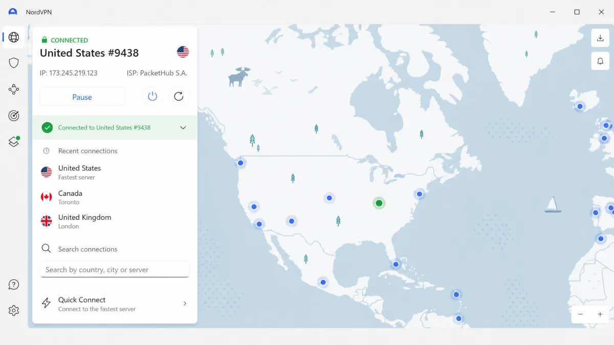 NordVPN Windows app connected to a US server, showing the interactive map view with the green connected status bar and quick-connect panel on the left.
