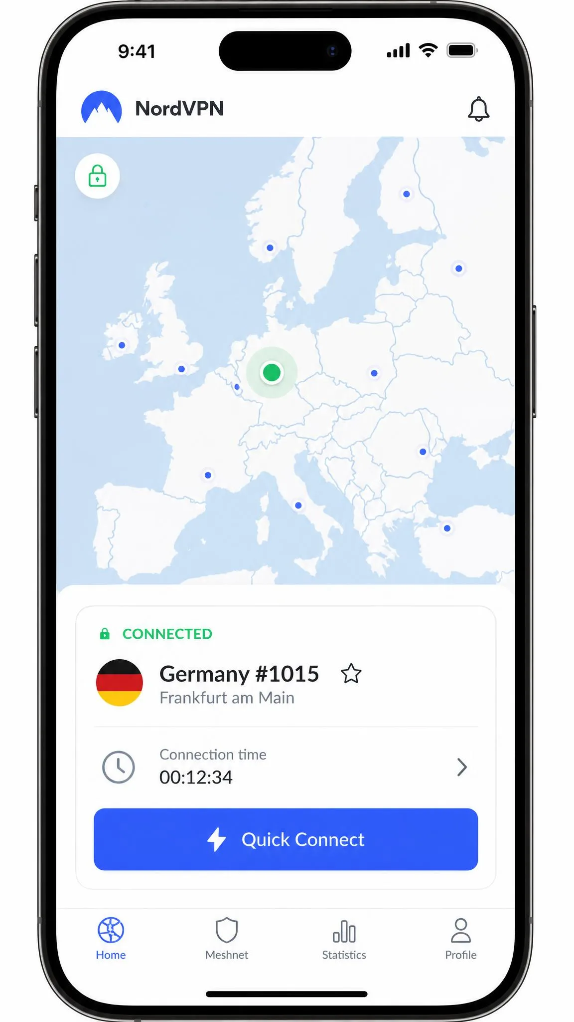 NordVPN's iOS app on an iPhone showing a connected status with the current server country, connection time and the Quick Connect button at the bottom of the screen.