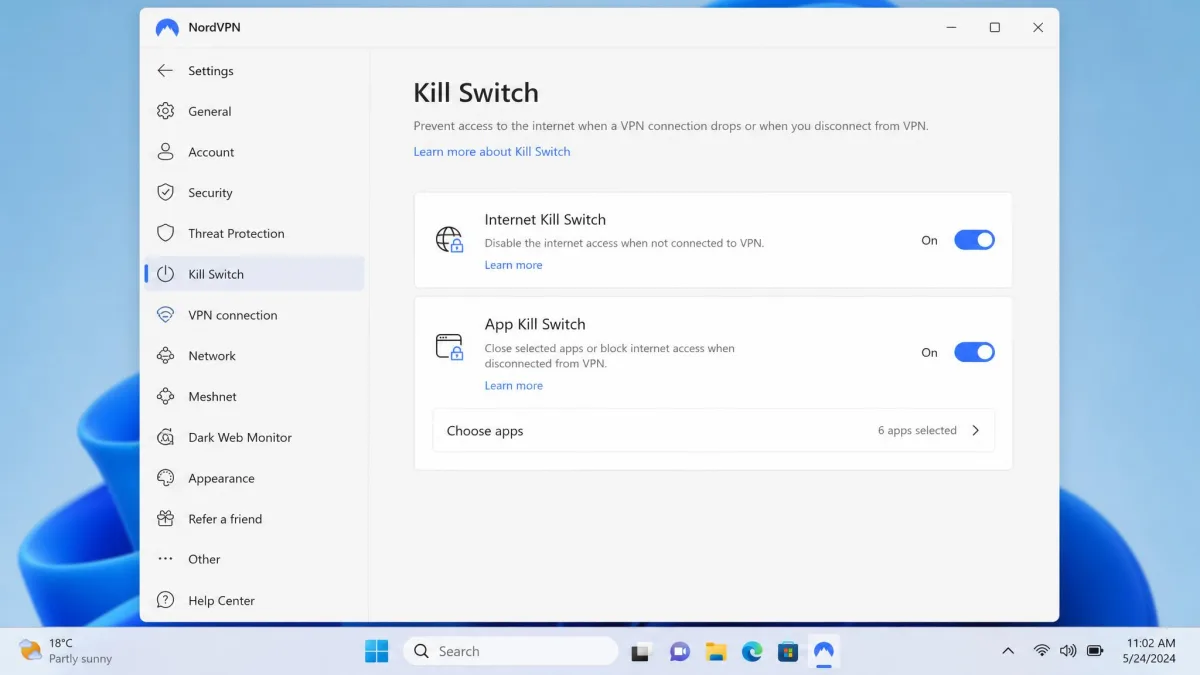 NordVPN's settings window open on the Kill Switch page, showing the internet kill switch and app kill switch toggles both enabled on Windows.