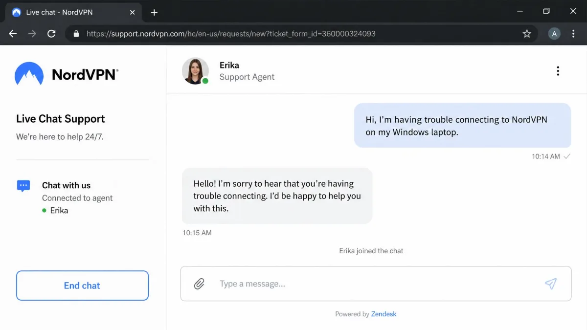 NordVPN's live chat support window open in a browser showing an agent reply timestamp under two minutes after the initial question.