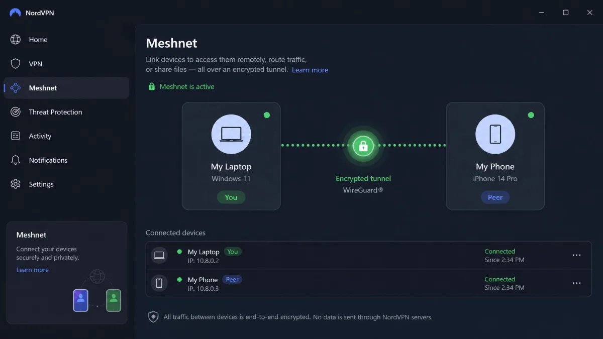 NordVPN Meshnet screen showing two linked personal devices connected over an encrypted tunnel, with device names and connection status displayed.