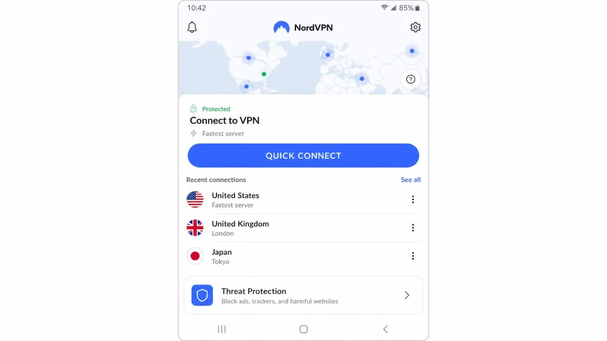 NordVPN Android app quick-connect screen showing the large connect button, recent server list, and Threat Protection shortcut at the bottom.