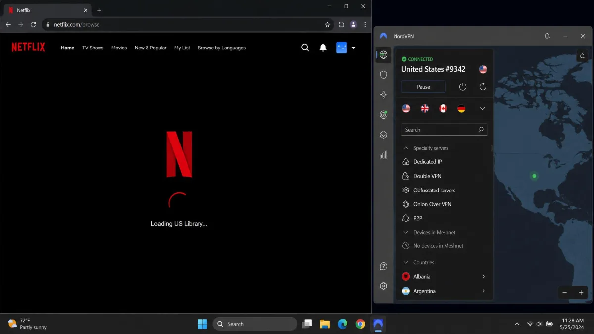 A Netflix home screen loading the US library in a browser tab while the NordVPN app sits alongside showing a connected United States server.