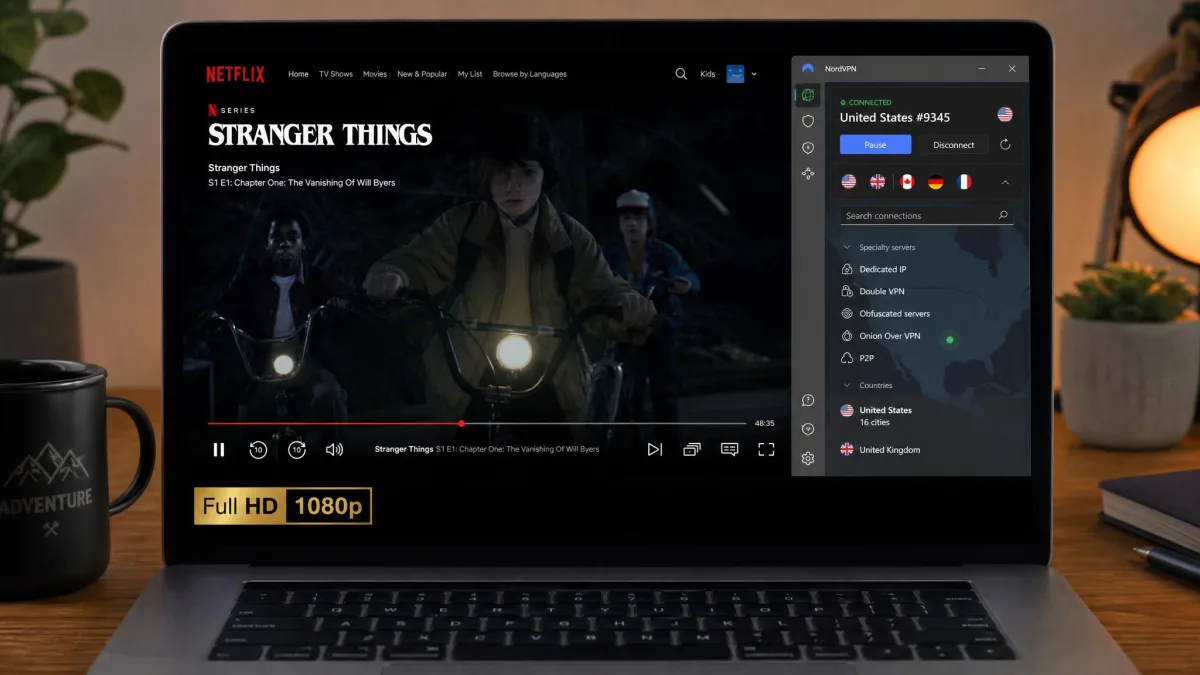 A laptop streaming Netflix over NordVPN connected to a US server, with the video playing at full resolution and the NordVPN status bar visible.