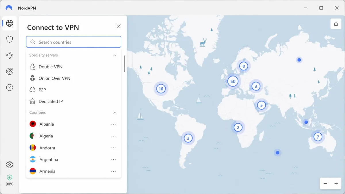 NordVPN's server list panel with the country search box open, showing specialty server categories for Double VPN, Onion Over VPN, P2P and dedicated IP down the left side.