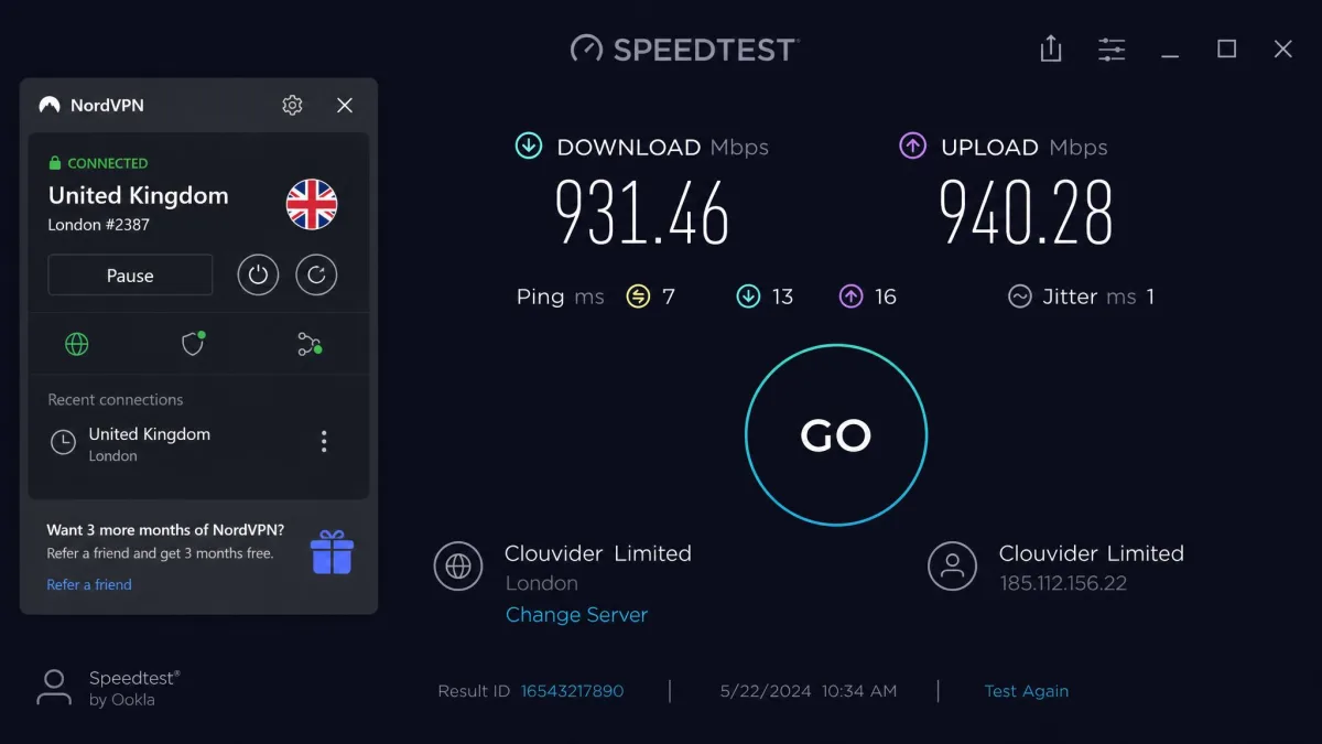 A Speedtest result run over NordVPN on a nearby server, showing download and upload figures close to the unprotected baseline speed.