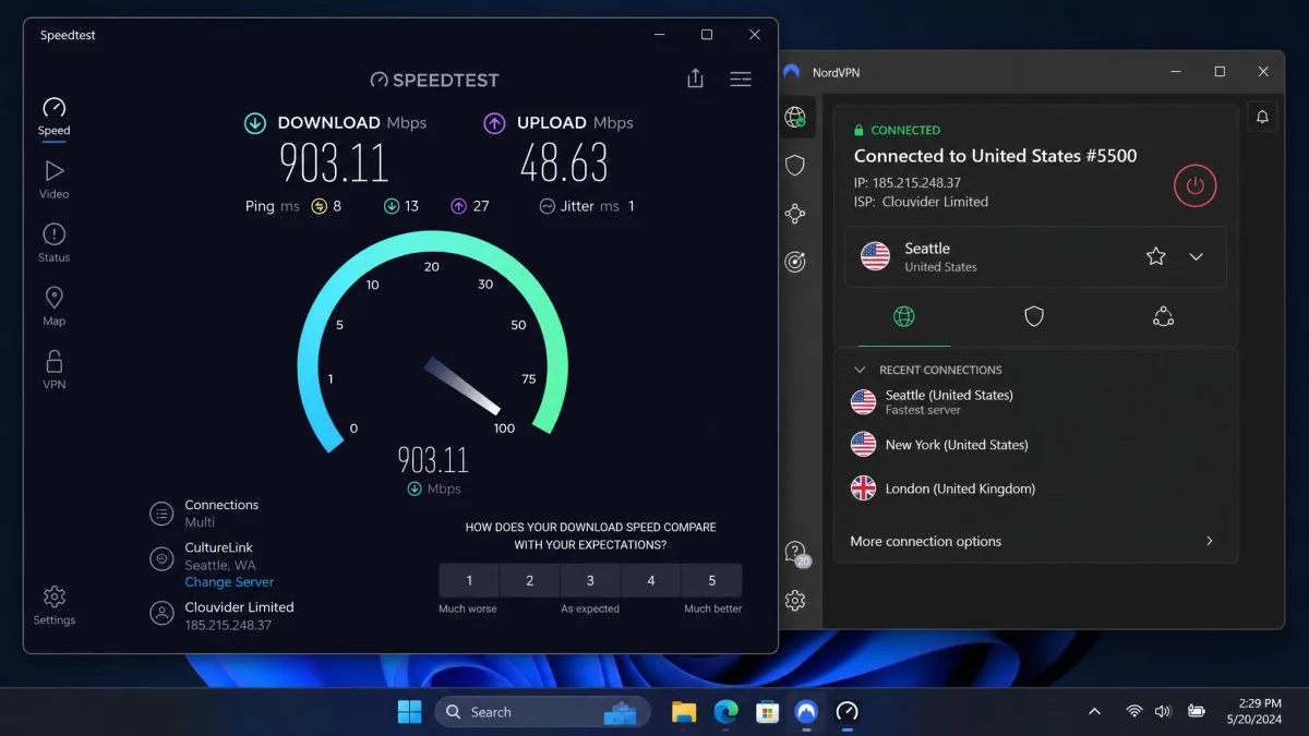 An Ookla Speedtest result page showing 903 Mbps download over a NordVPN connection to a Seattle server, with the NordVPN app window visible behind it.