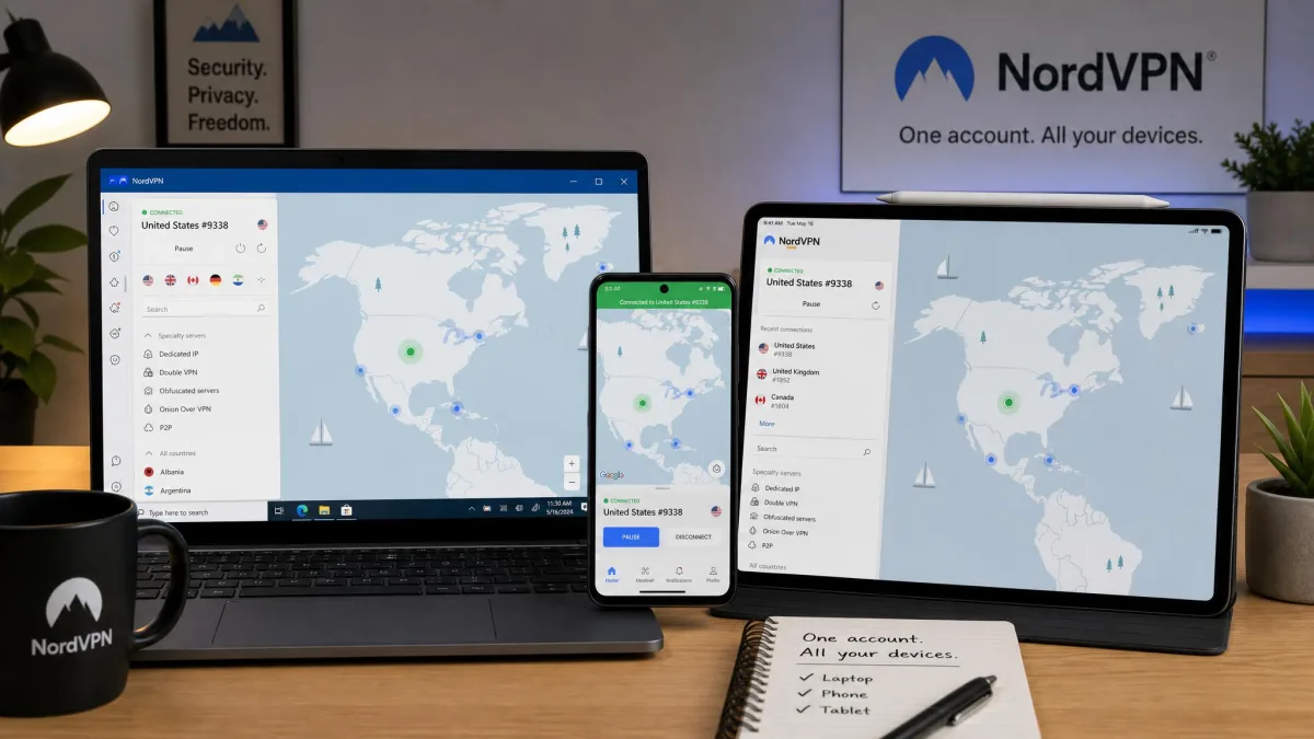 A desk showing NordVPN running simultaneously on a Windows laptop, an Android phone, and an iPad, illustrating multi-device coverage from one account.