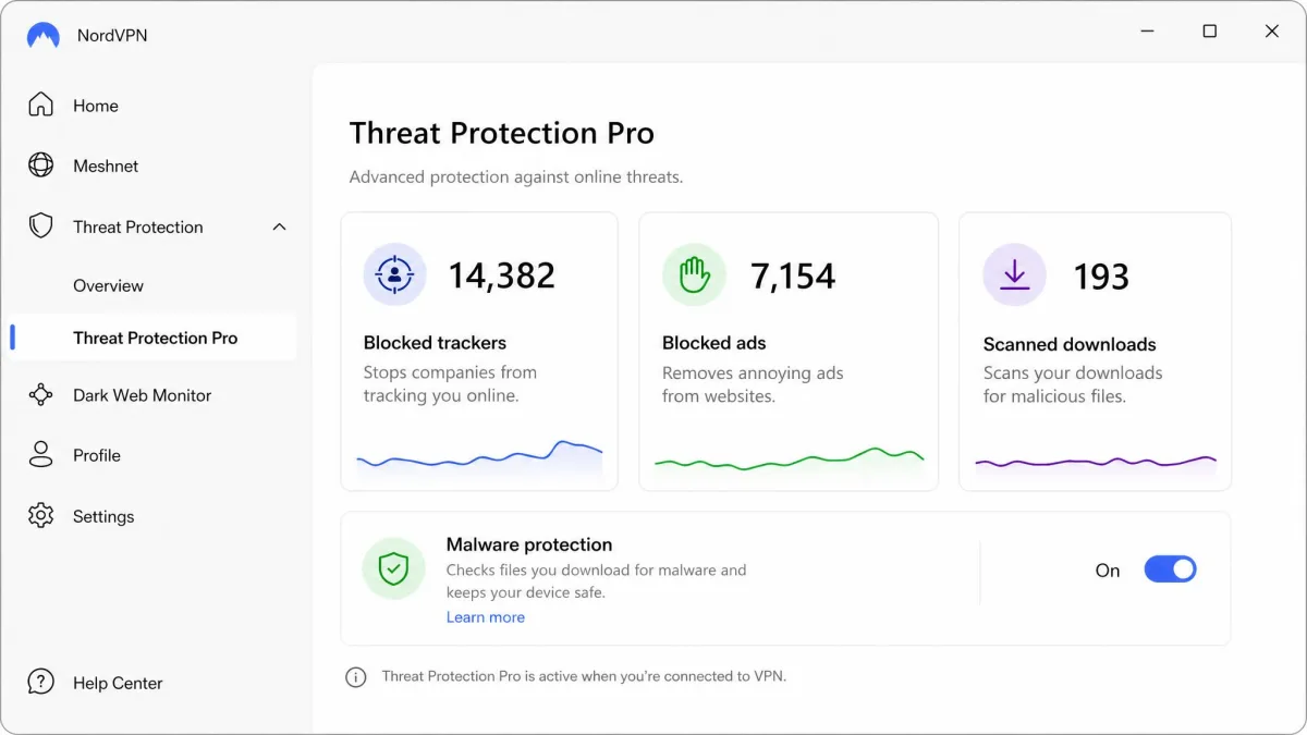 NordVPN's Threat Protection Pro panel showing counters for blocked trackers, blocked ads and scanned downloads, with the malware protection toggle switched on.