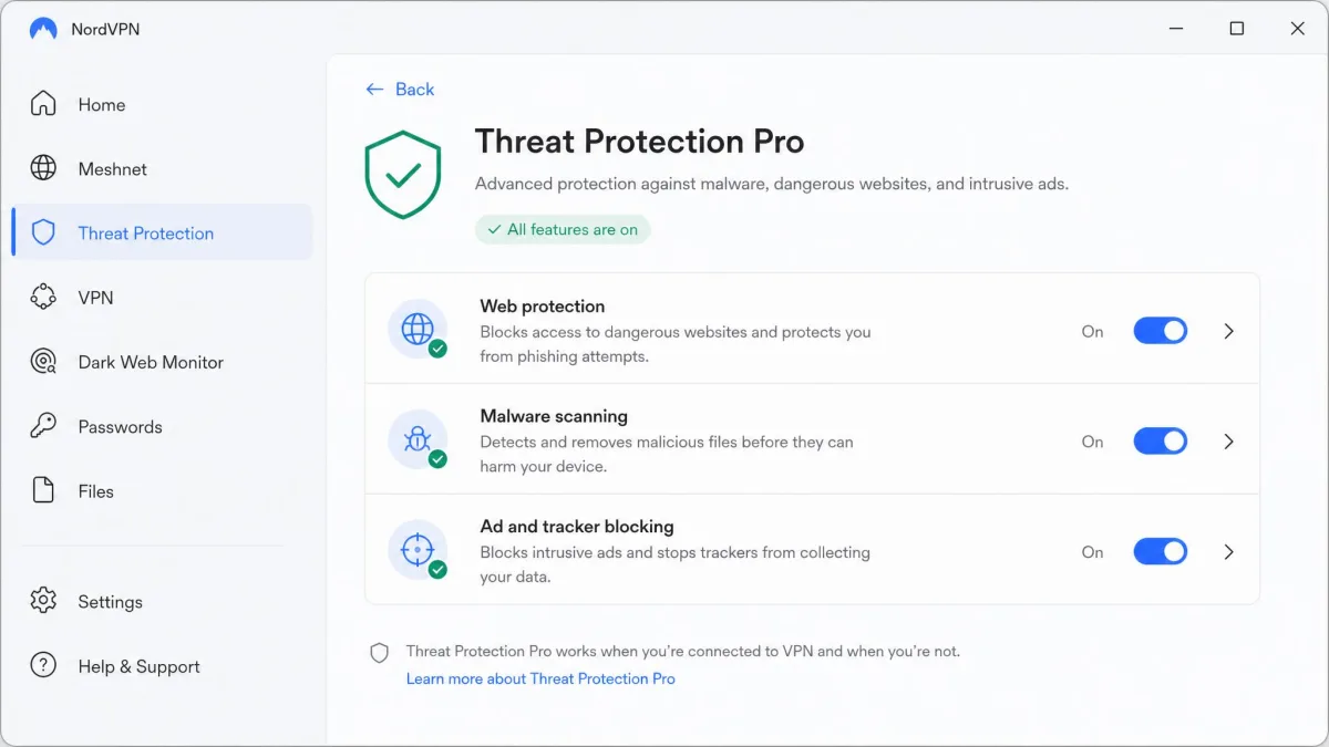 NordVPN Threat Protection Pro settings panel showing toggles for web protection, malware scanning, and ad and tracker blocking, with the feature switched on.