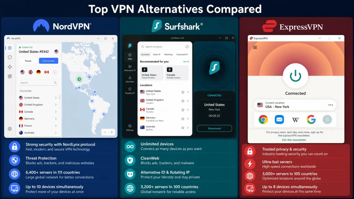 A side-by-side comparison graphic of NordVPN, Surfshark, and ExpressVPN app screens, illustrating the three VPN alternatives discussed.