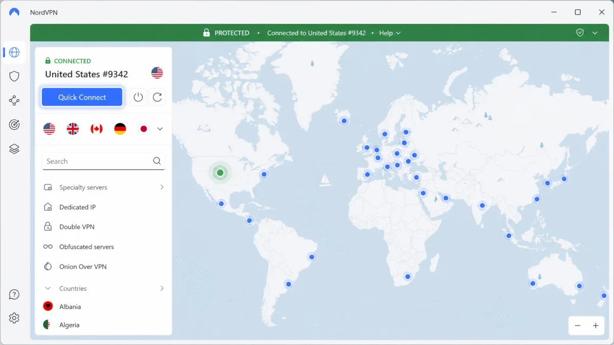 NordVPN's Windows app showing the world map view with the Quick Connect button highlighted and a connected status bar reading protected at the top of the window.