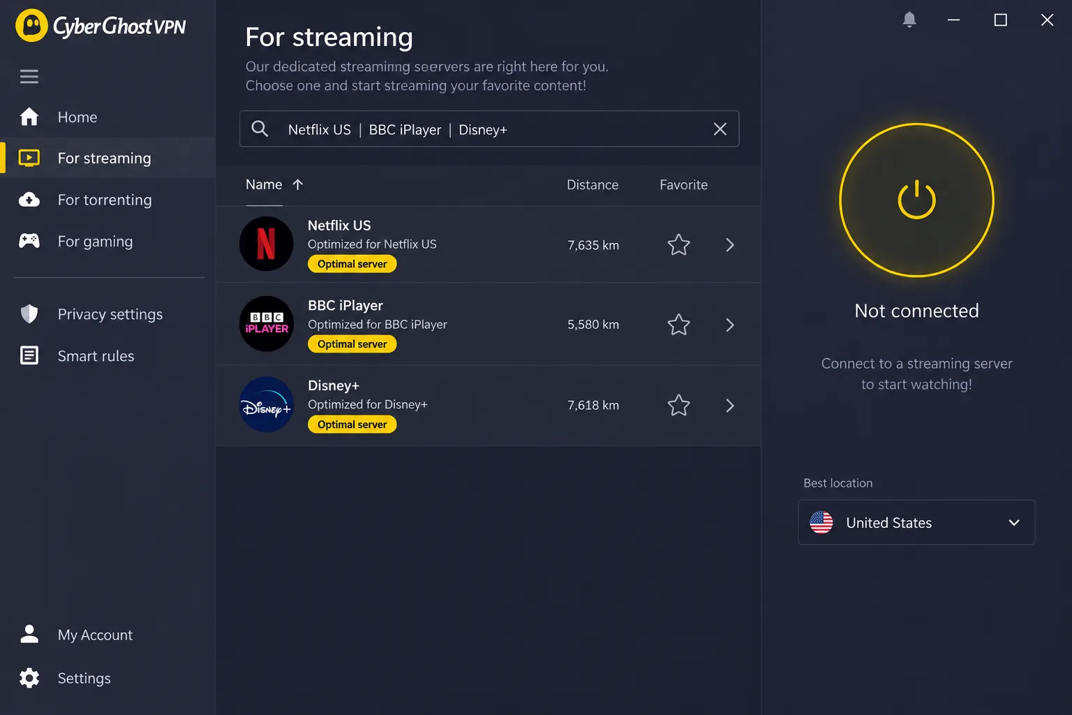 CyberGhost Windows app showing the For streaming server list filtered to Netflix US, BBC iPlayer and Disney+ entries with their optimal-server labels.