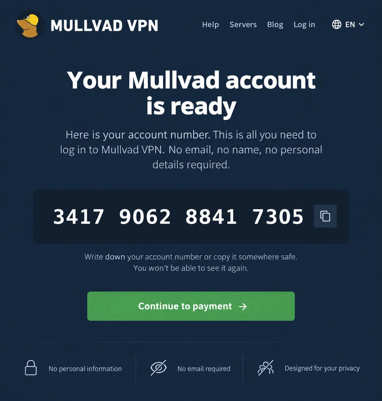Mullvad VPN sign-up screen showing a freshly generated 16-digit account number with no email or name fields on the page.