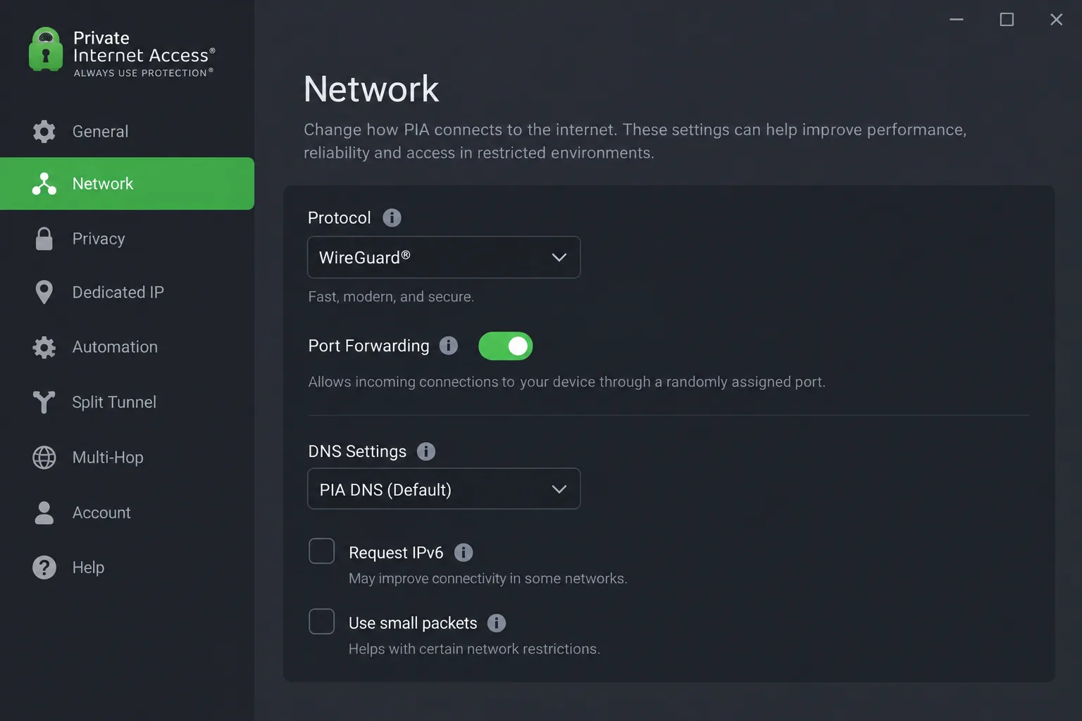 Private Internet Access desktop app settings with the Network tab open, the port forwarding toggle switched on and the protocol set to WireGuard.