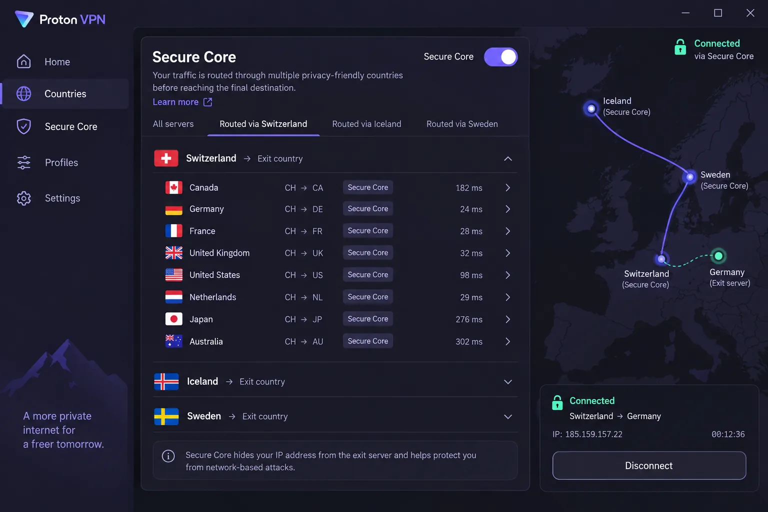 Proton VPN desktop app with the Secure Core server list open, showing countries routed through Switzerland, Iceland and Sweden before the exit server.