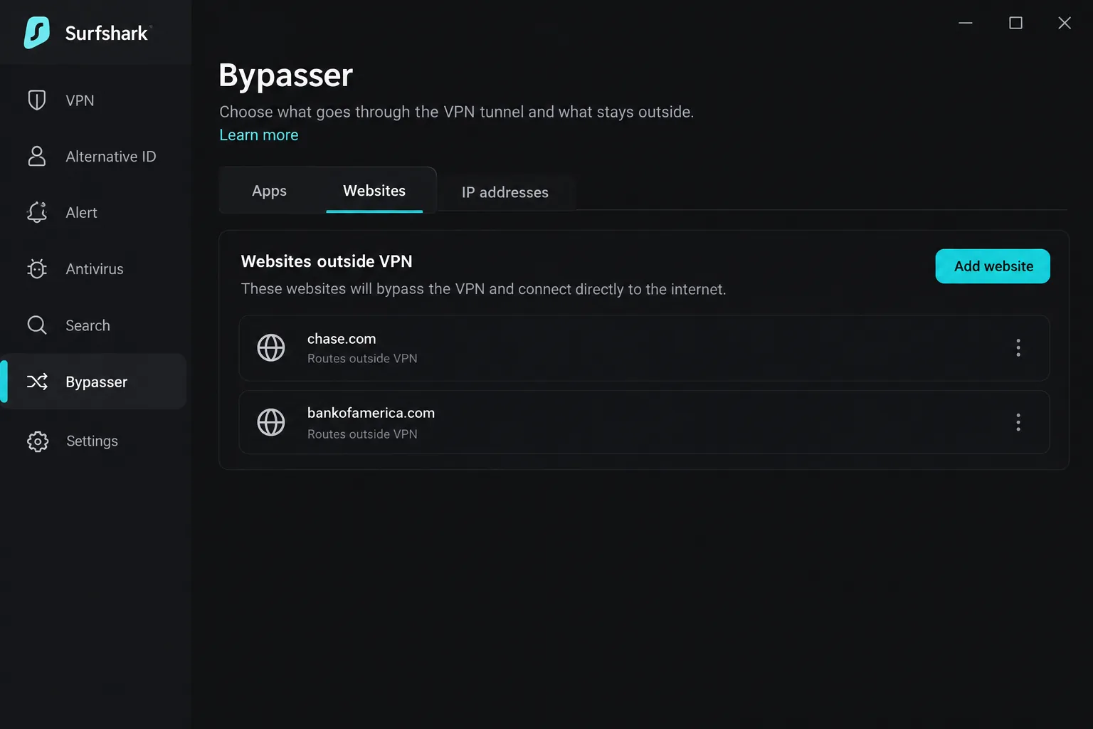Surfshark Bypasser settings screen with the Websites tab open, listing two banking domains set to route outside the VPN tunnel.