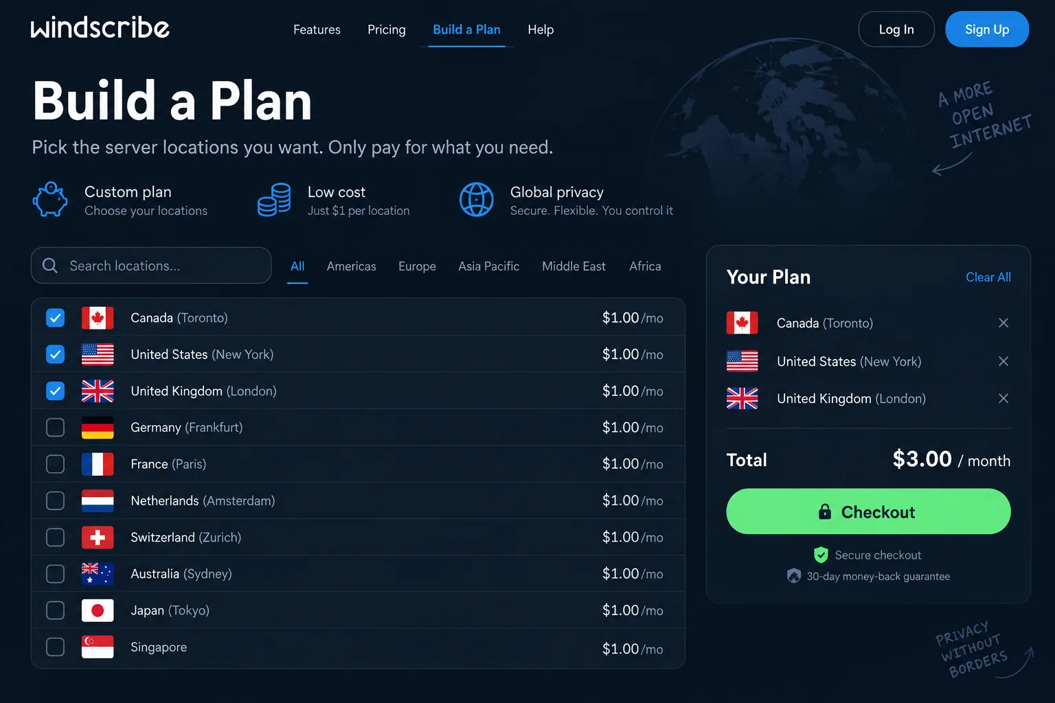 Windscribe Build a Plan page with three server locations ticked and a running total of $3 a month shown beside the checkout button.