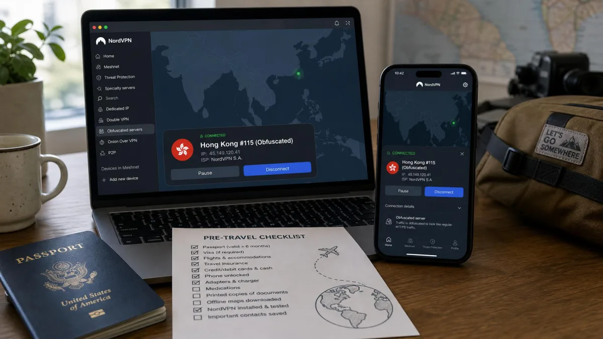 A laptop and phone side by side on a desk before a trip, both showing NordVPN connected to an obfuscated Hong Kong server, next to a passport and a printed pre-travel checklist.