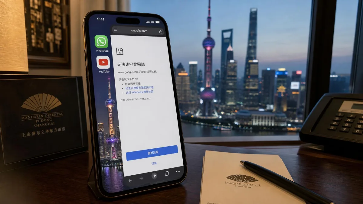 A smartphone on a hotel desk in Shanghai showing a browser error page after trying to open Google, with WhatsApp and YouTube app icons visible on the home screen behind it.